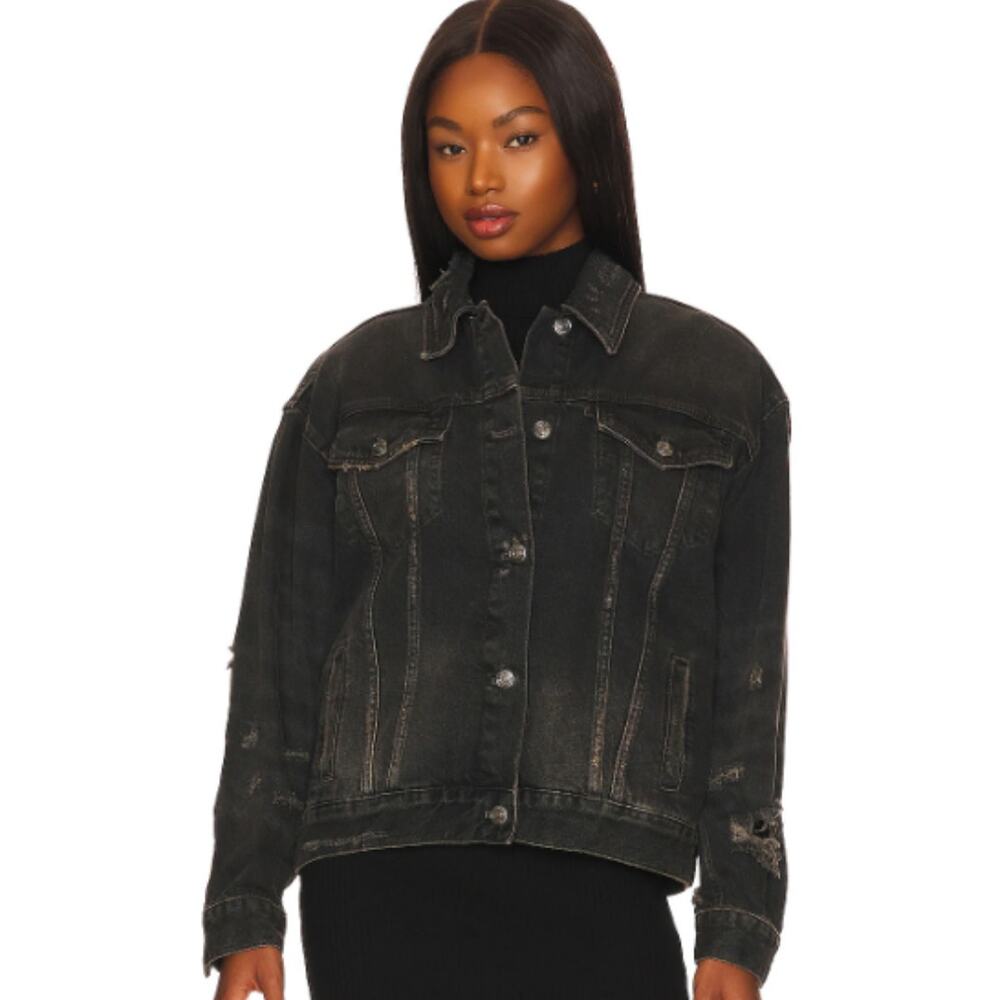 Free People Jolene Trucker Jacket XS Washed Black Button Front Distressed